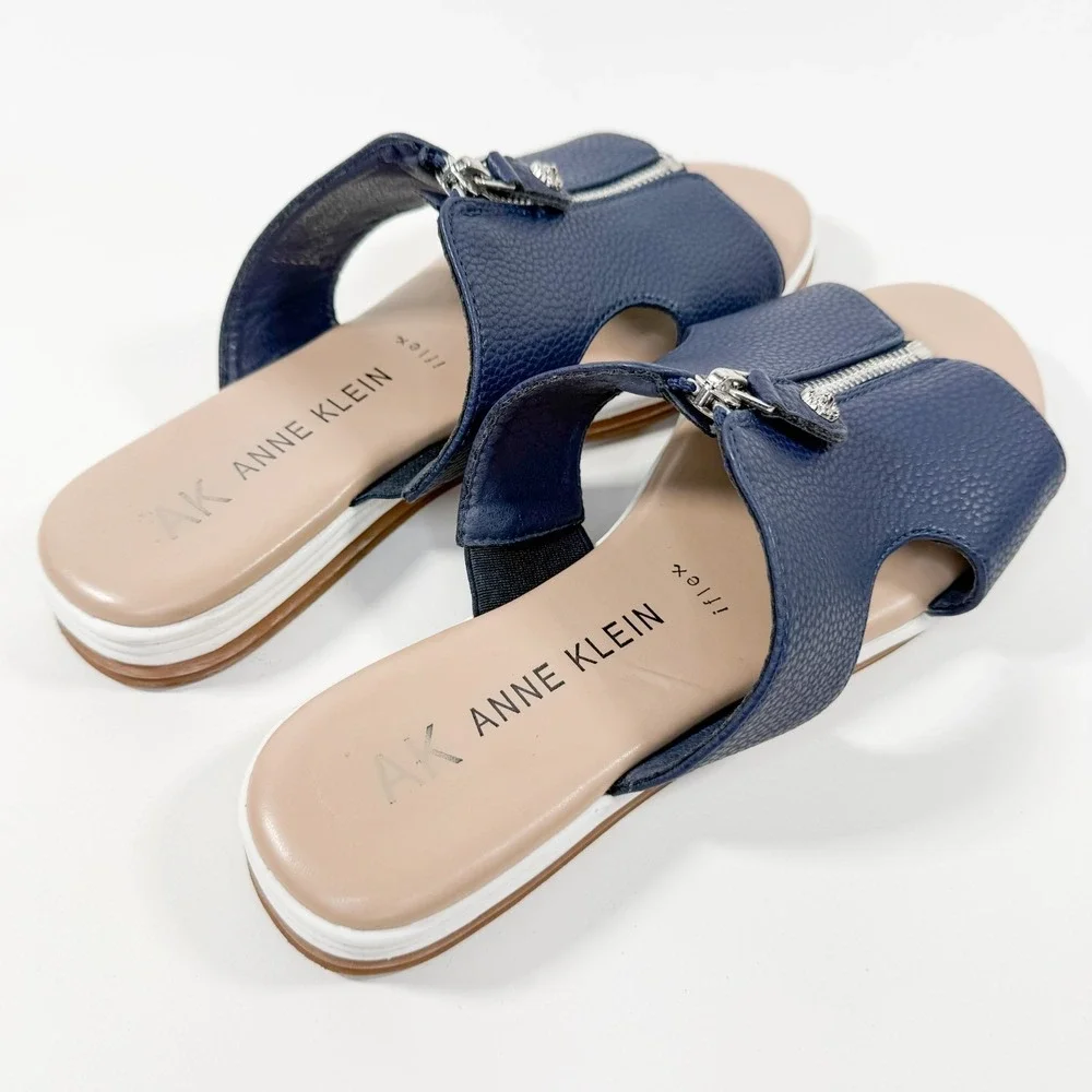 Anne Klein Women's Sandals iFlex Navy Blue‎ Zip Front Slide Shoes Size 7M